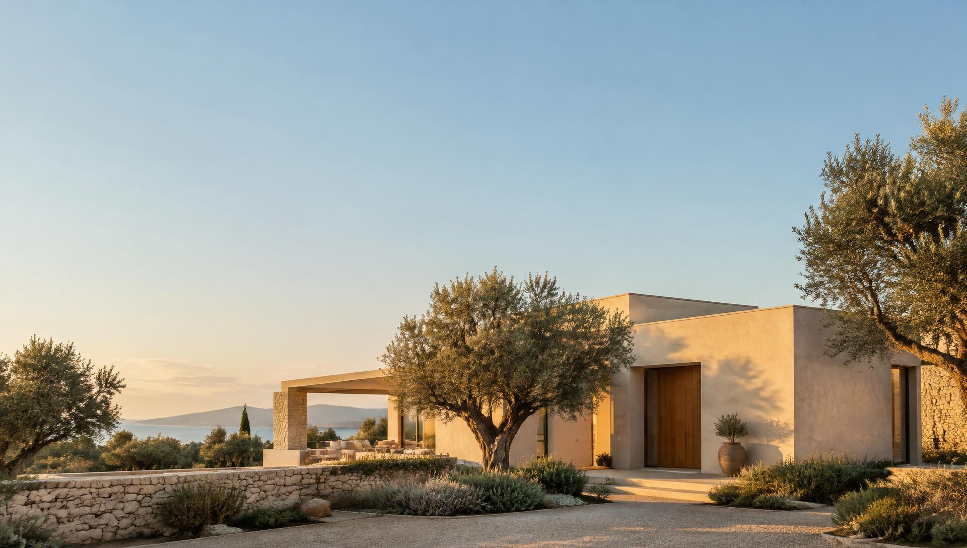 Modern villa olajfákkal naplementében